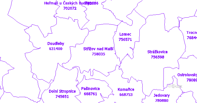 Katastrální mapa Střížov nad Malší - přehledová mapa katastrálního území