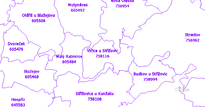 Katastrální mapa Vlčice u Střížovic - přehledová mapa katastrálního území