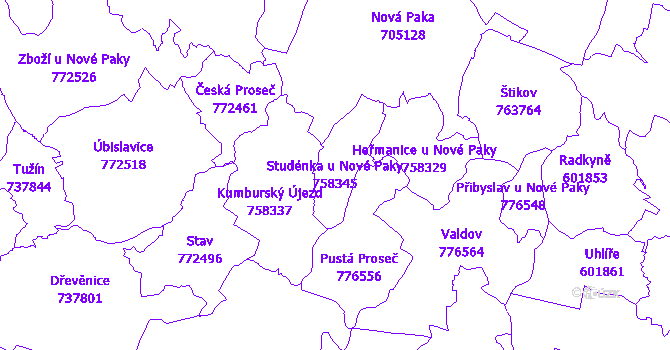 Katastrální mapa Studénka u Nové Paky - přehledová mapa katastrálního území