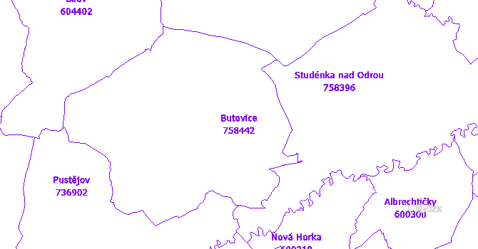 Katastrální mapa Butovice - přehledová mapa katastrálního území