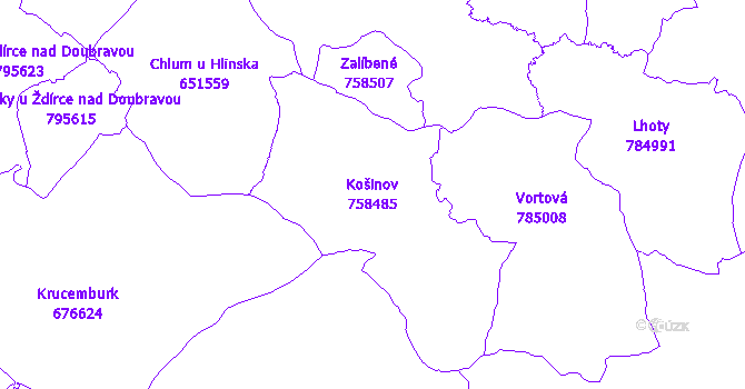 Katastrální mapa Košinov - přehledová mapa katastrálního území