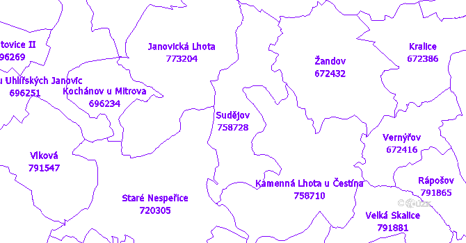 Katastrální mapa Sudějov - přehledová mapa katastrálního území