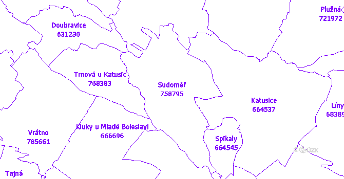 Katastrální mapa Sudoměř - přehledová mapa katastrálního území