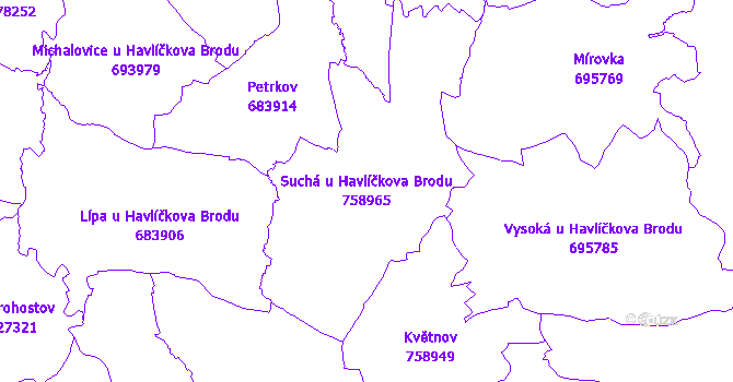 Katastrální mapa Suchá u Havlíčkova Brodu - přehledová mapa katastrálního území