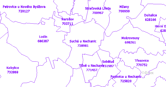 Katastrální mapa Suchá u Nechanic - přehledová mapa katastrálního území