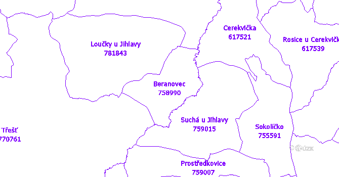 Katastrální mapa Beranovec - přehledová mapa katastrálního území