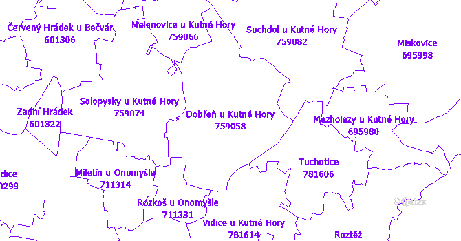 Katastrální mapa Dobřeň u Kutné Hory - přehledová mapa katastrálního území