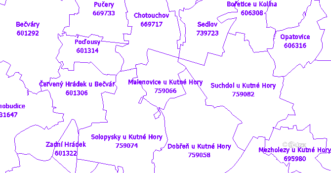 Katastrální mapa Malenovice u Kutné Hory - přehledová mapa katastrálního území