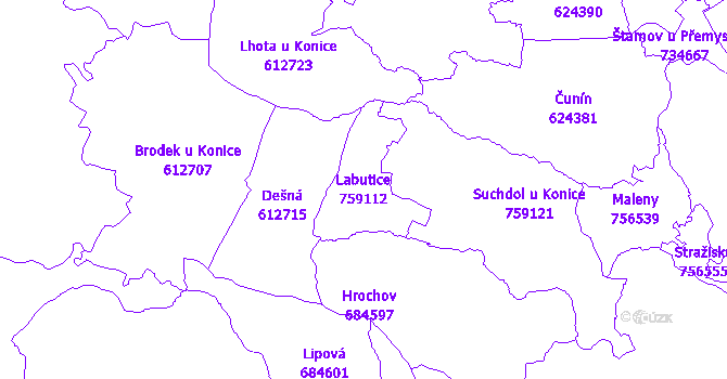 Katastrální mapa Labutice - přehledová mapa katastrálního území