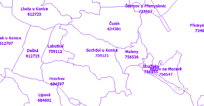 Katastrální mapa Suchdol u Konice - přehledová mapa katastrálního území