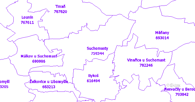 Katastrální mapa Suchomasty - přehledová mapa katastrálního území