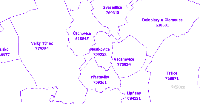 Katastrální mapa Hostkovice - přehledová mapa katastrálního území