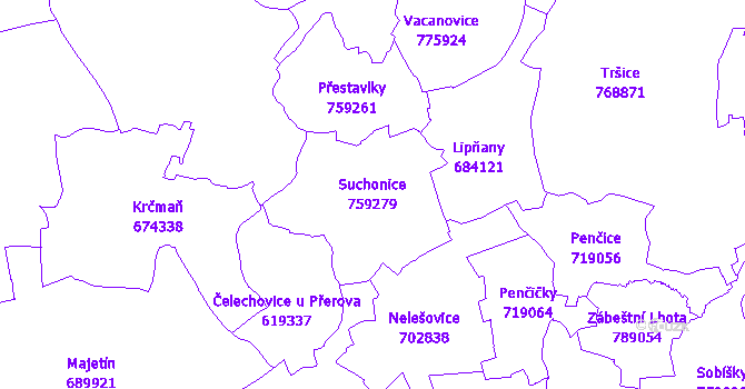 Katastrální mapa Suchonice - přehledová mapa katastrálního území