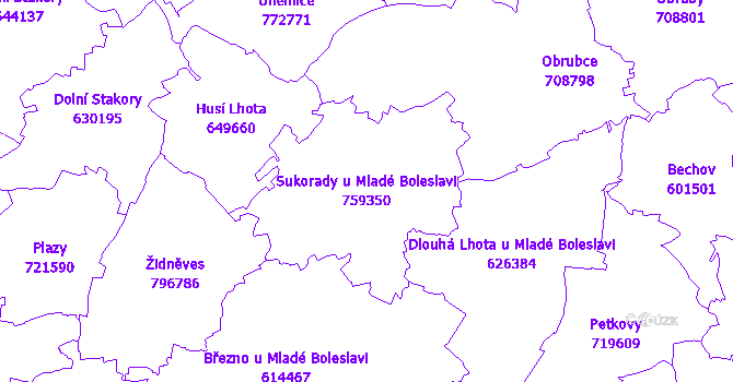 Katastrální mapa Sukorady u Mladé Boleslavi - přehledová mapa katastrálního území