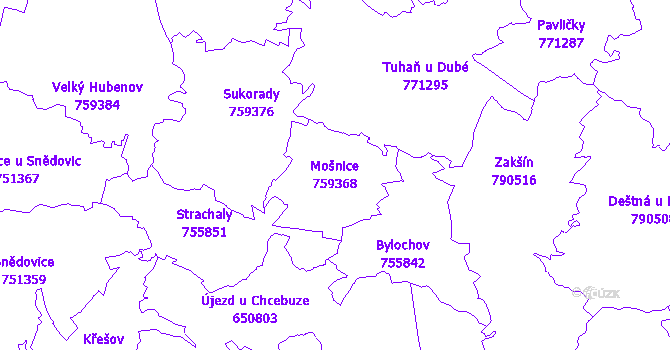 Katastrální mapa Mošnice - přehledová mapa katastrálního území