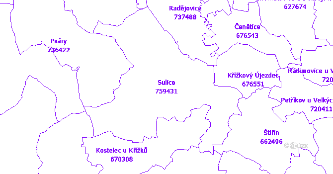 Katastrální mapa Sulice - přehledová mapa katastrálního území