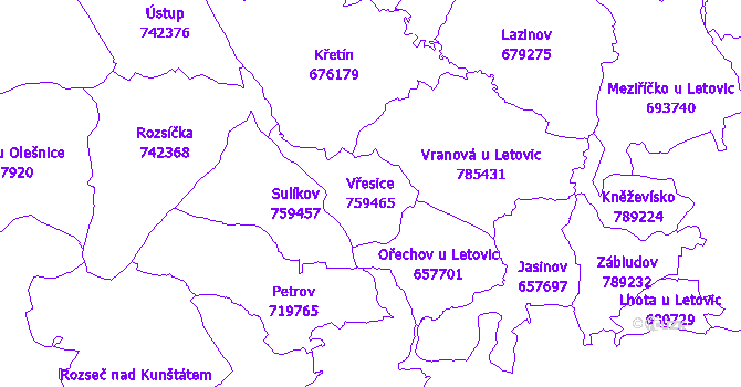 Katastrální mapa Vřesice - přehledová mapa katastrálního území