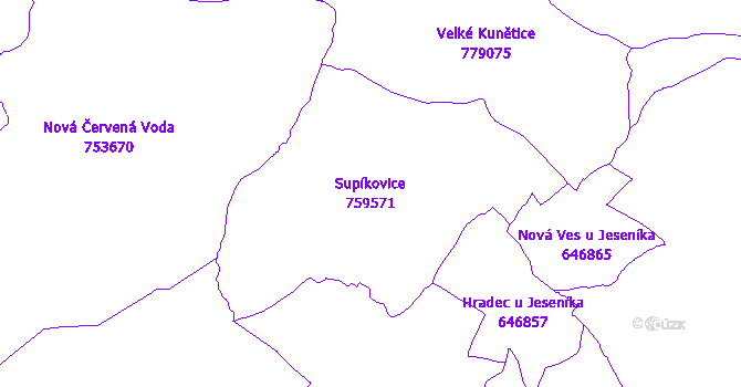 Katastrální mapa Supíkovice - přehledová mapa katastrálního území