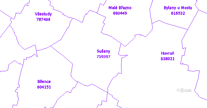 Katastrální mapa Sušany - přehledová mapa katastrálního území