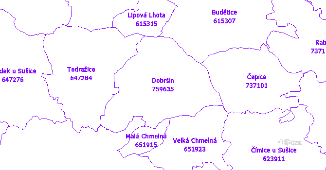 Katastrální mapa Dobršín - přehledová mapa katastrálního území
