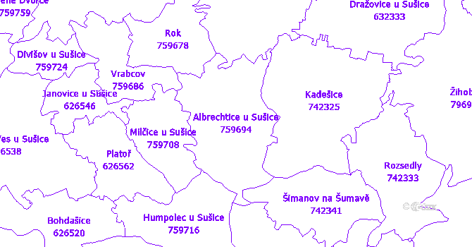 Katastrální mapa Albrechtice u Sušice - přehledová mapa katastrálního území