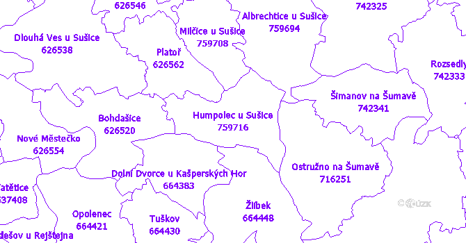 Katastrální mapa Humpolec u Sušice - přehledová mapa katastrálního území