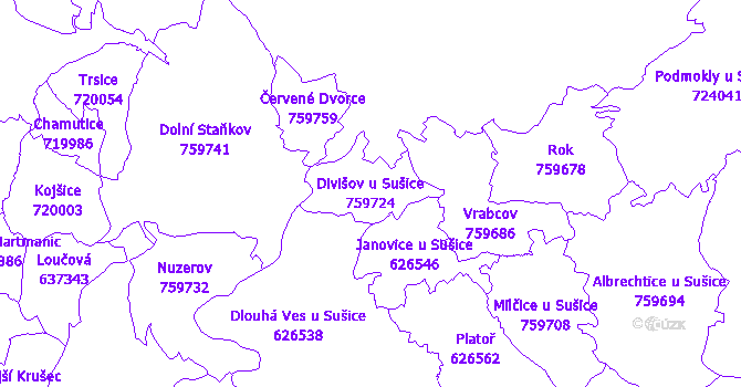 Katastrální mapa Divišov u Sušice - přehledová mapa katastrálního území
