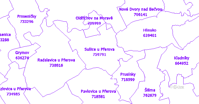 Katastrální mapa Sušice u Přerova - přehledová mapa katastrálního území
