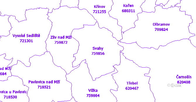 Katastrální mapa Svahy - přehledová mapa katastrálního území