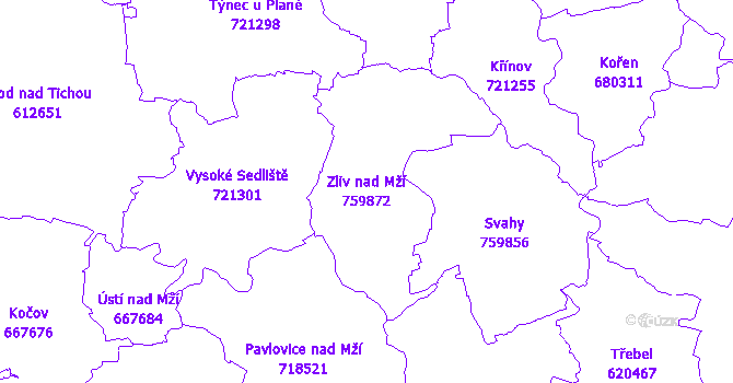 Katastrální mapa Zliv nad Mží - přehledová mapa katastrálního území