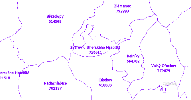 Katastrální mapa Svárov u Uherského Hradiště - přehledová mapa katastrálního území