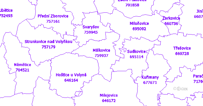 Katastrální mapa Milíkovice - přehledová mapa katastrálního území