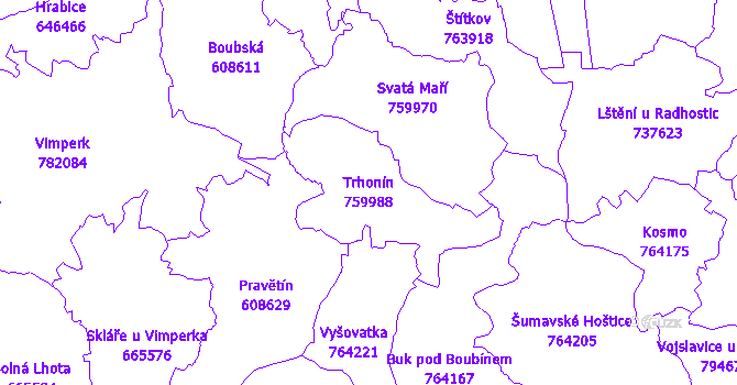 Katastrální mapa Trhonín - přehledová mapa katastrálního území