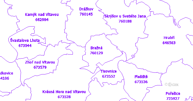 Katastrální mapa Bražná - přehledová mapa katastrálního území