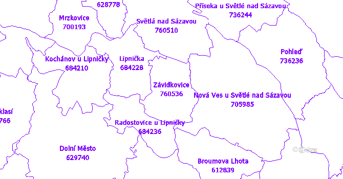 Katastrální mapa Závidkovice - přehledová mapa katastrálního území