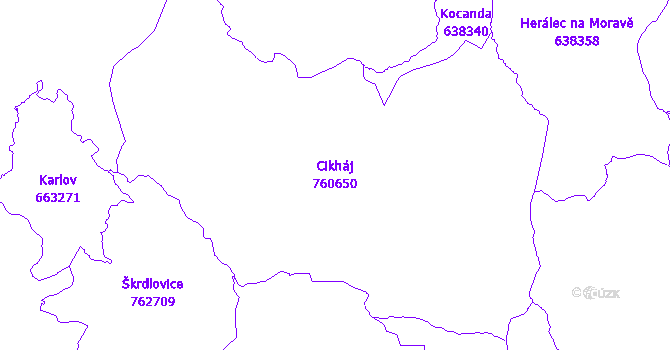 Katastrální mapa Cikháj - přehledová mapa katastrálního území