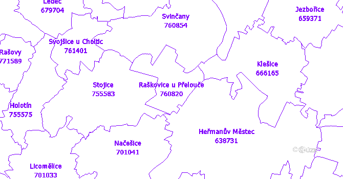 Katastrální mapa Raškovice u Přelouče - přehledová mapa katastrálního území