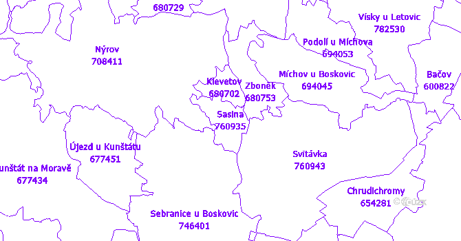 Katastrální mapa Sasina - přehledová mapa katastrálního území