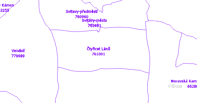 Katastrální mapa Čtyřicet Lánů - přehledová mapa katastrálního území