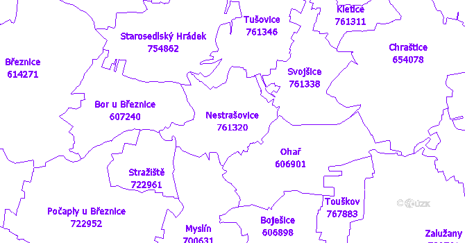 Katastrální mapa Nestrašovice - přehledová mapa katastrálního území