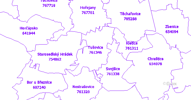 Katastrální mapa Tušovice - přehledová mapa katastrálního území