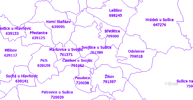 Katastrální mapa Svojšice u Sušice - přehledová mapa katastrálního území