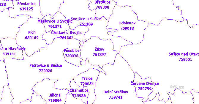 Katastrální mapa Žikov - přehledová mapa katastrálního území