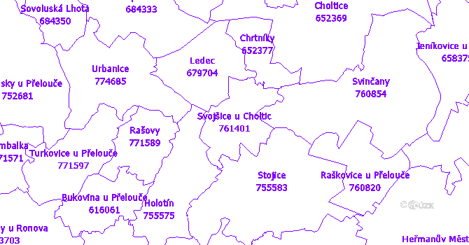 Katastrální mapa Svojšice u Choltic - přehledová mapa katastrálního území