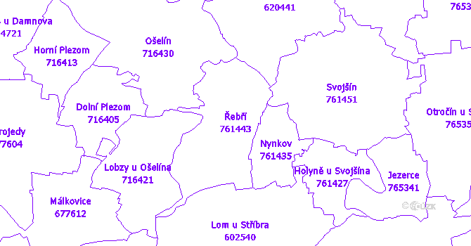Katastrální mapa Řebří - přehledová mapa katastrálního území
