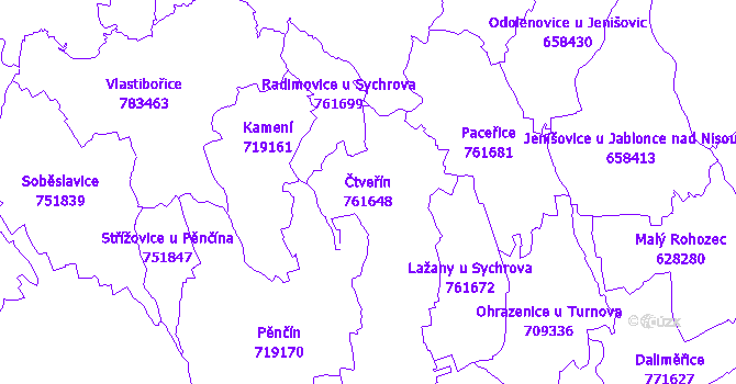Katastrální mapa Čtveřín - přehledová mapa katastrálního území