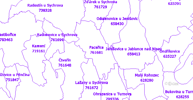 Katastrální mapa Paceřice - přehledová mapa katastrálního území