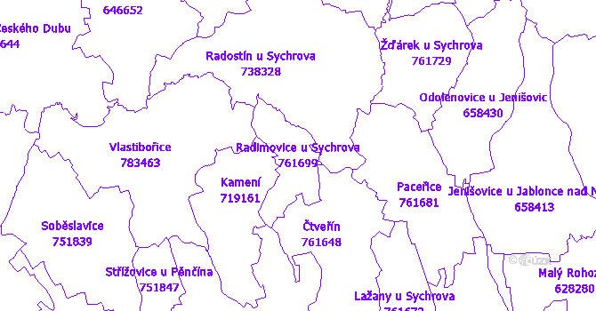 Katastrální mapa Radimovice u Sychrova - přehledová mapa katastrálního území