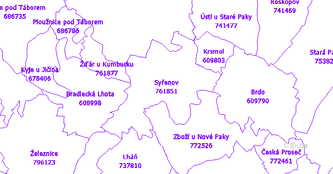 Katastrální mapa Syřenov - přehledová mapa katastrálního území