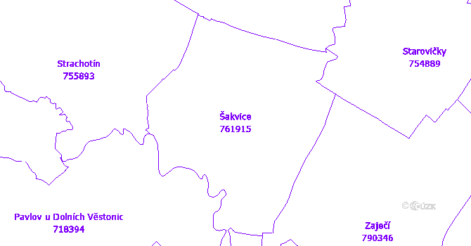 Katastrální mapa Šakvice - přehledová mapa katastrálního území